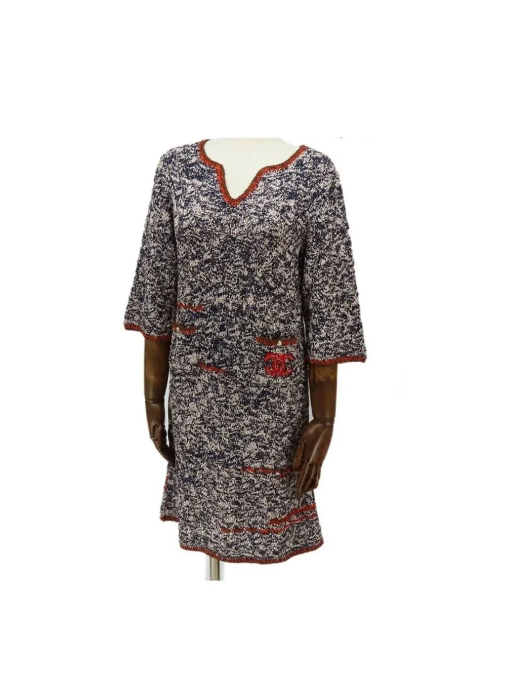 Chanel Knit Dress Navy Beige Rayon Nylon Three Quarter Sleeve 36